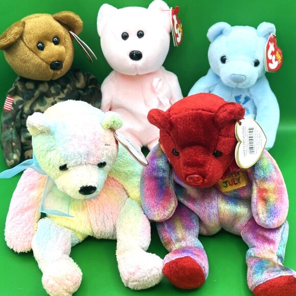 Ty Beanie Baby Bear Lot of 5 Hero Cure Mellow Its A Boy July Birthday Plush Toys - Picture 1 of 16